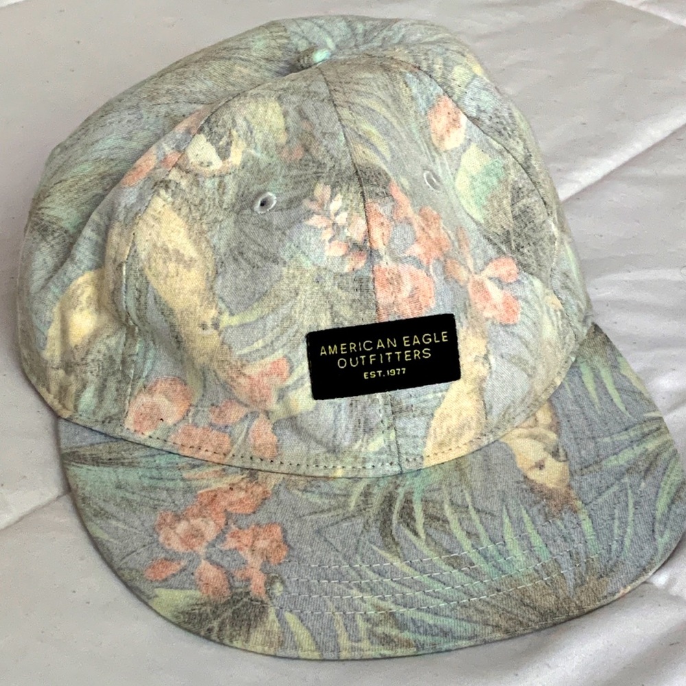 Mens Vintage American Eagle Adjustable Floral Pink Grey Print Hat Cap EUC